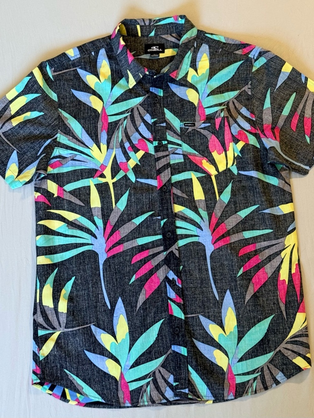 O'Neill Black Organic Cotton Rayon Blend Button Tropical Leaf  with Neon Accents